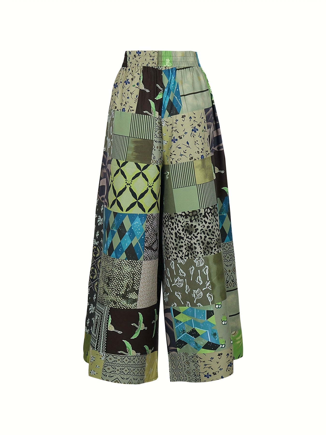  Colorblock Floral Print Wide Leg Pants