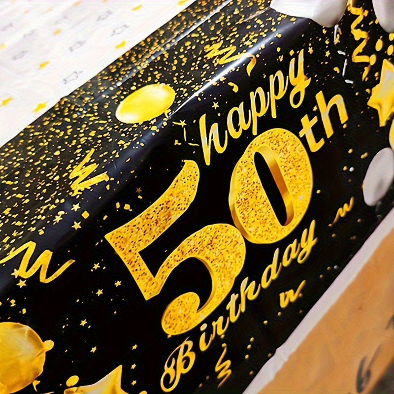 Golden Happy 50th Birthday Tablecloth Rectangular Party Table Cover