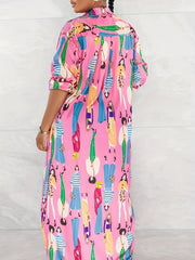  Figure Print Button Up Long Sleeve Shirt Dress