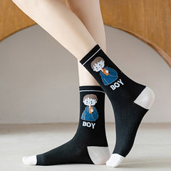 5 Pairs Cartoon Print Socks Comfy & Mid Tube Socks Women's Stockings