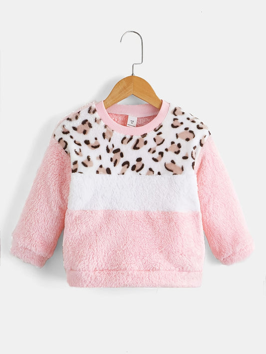 Girl's Plush Sweater With Leopard Print Crew Neck Fleece Sweatshirt