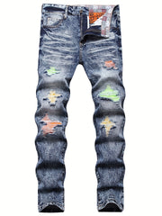 Boys Ripped Patch Jeans Skinny Slim Fit Washed Denim Long Pants Kids