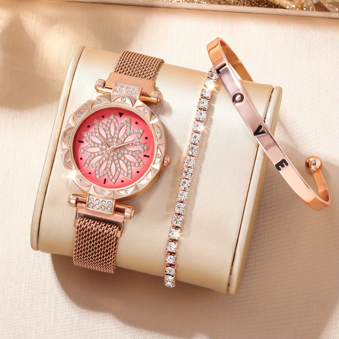 Digital Rhinestone Watch & 2 Bracelets Set