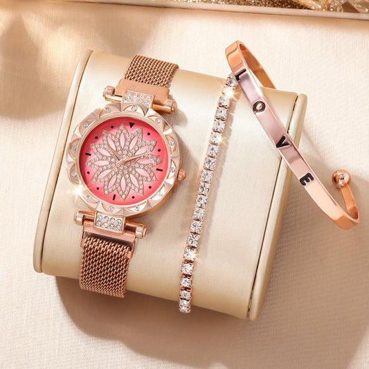 Digital Rhinestone Watch & 2 Bracelets Set