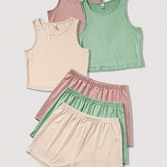 Solid Pajama Set Crew Neck Tank Top & Shorts Women's Sleepwear