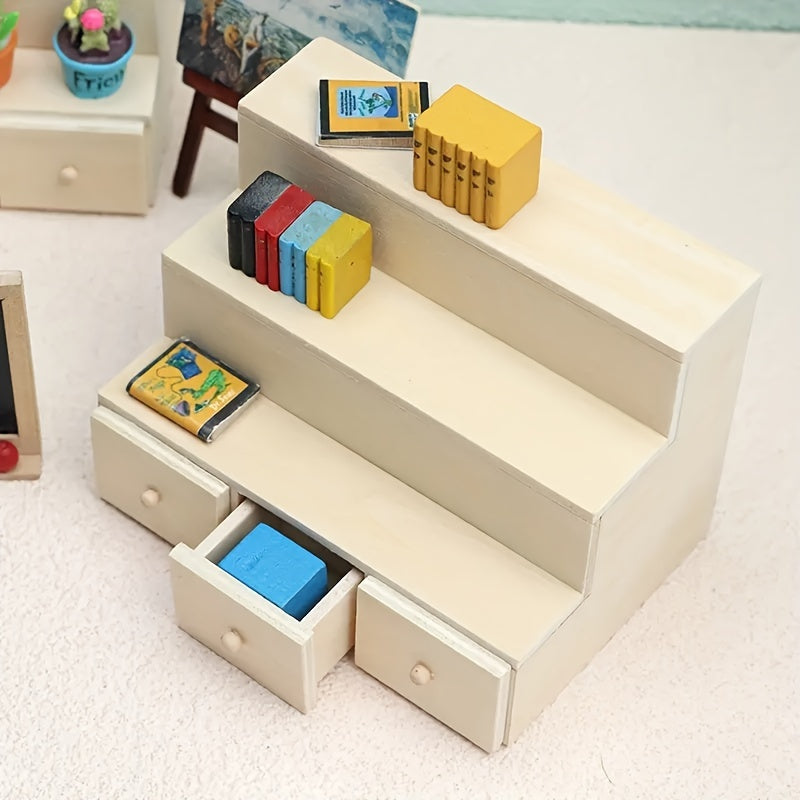 Mini Storage Shelf w/ Drawers Beige Dollhouse Furniture Compact Organizer