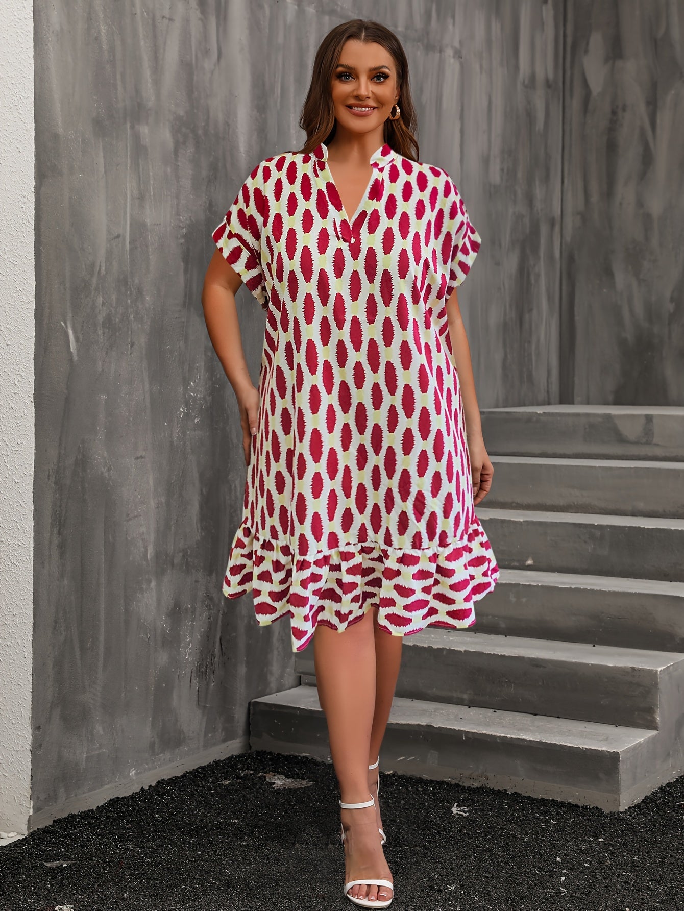  Causal Dress Women's Plus Allover Print Roll Up Batwing Sleeve Dress