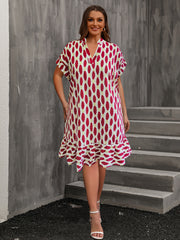  Causal Dress Women's Plus Allover Print Roll Up Batwing Sleeve Dress