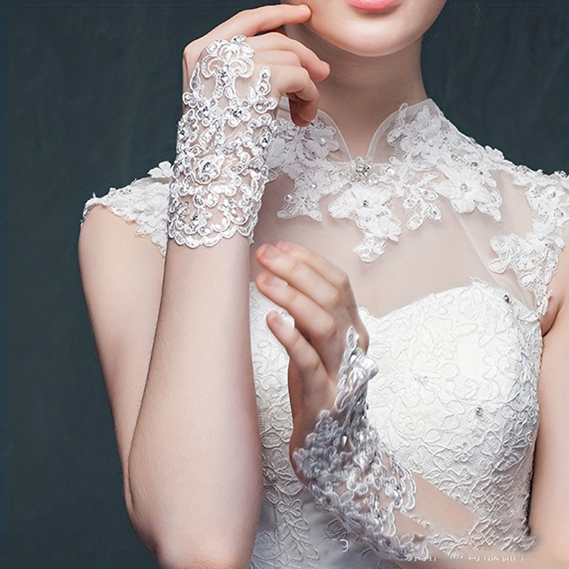 Rhinestone Fingerless Gloves Lace Wedding Bridal Gloves