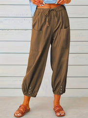Women's Plus Solid Drawstring Elastic Button Decor Pants