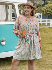 Floral Print Lantern Sleeve V Neck Dress With Belt