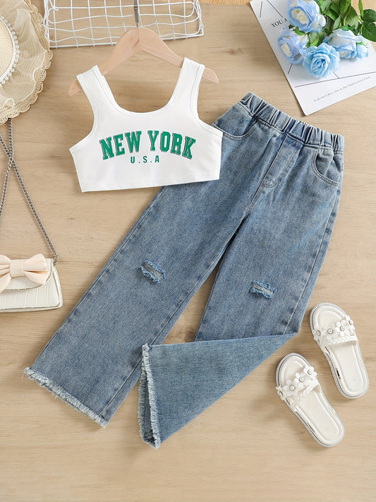 Girls Tank Crop Top & Elastic Waist Jeans 2pcs York Print Casual Kids Clothes