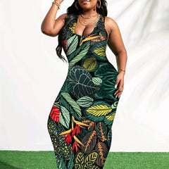 Tropical Print V Neck Maxi Dress Women's Plus Size