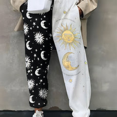  Sun & Moon Print Elastic High Rise Jogger Trousers with Pockets