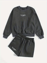 Casual Two piece Set Crew Neck Long Sleeve Sweatshirt & Shorts