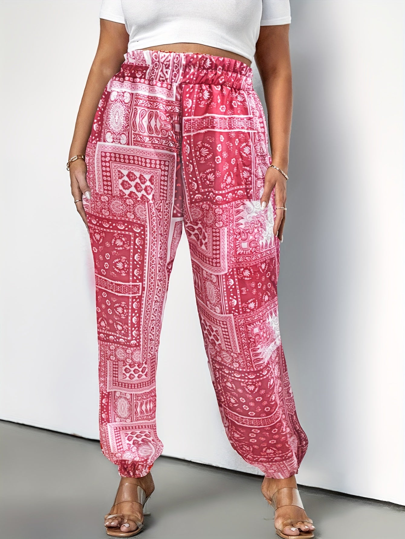  Boho Patchwork Print High Rise Trousers