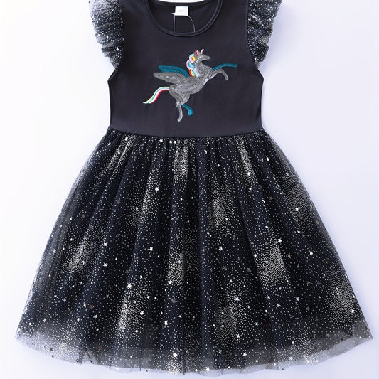 Toddler Girls Ruffle Trim Unicorn Embroidery Party Dress