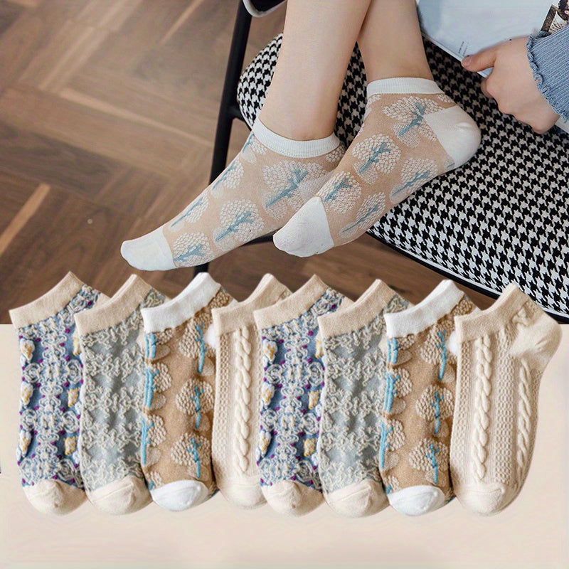 8 Pairs Floral Short Socks Breathable Lightweight Ankle Stockings Hosiery