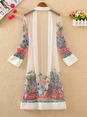 Floral Embroidered Sheer Cover Up Shirt Loose Fit Kimono