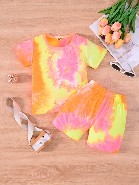 2pcs Girls Round Neck T Shirts Tie Dye Shorts Set Kids Summer Clothes