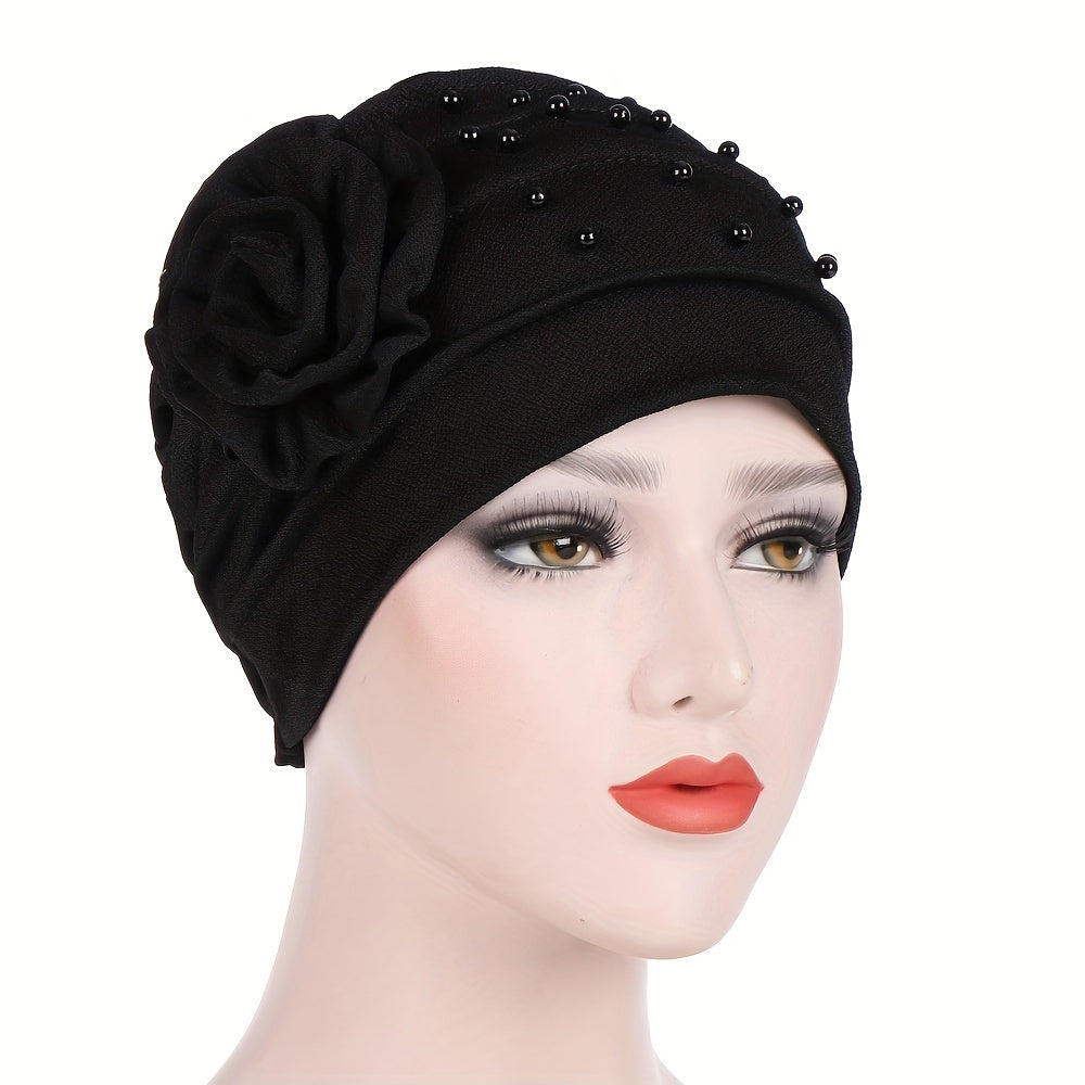 Beaded Turban Cap Solid Pleated Head Wraps Classic Elastic Hijab
