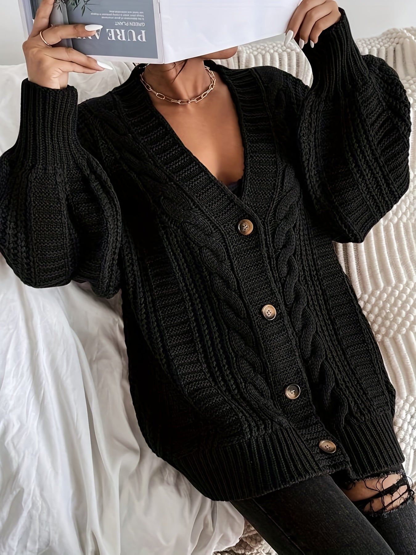  Cable Knit Lantern Sleeve Cardigan