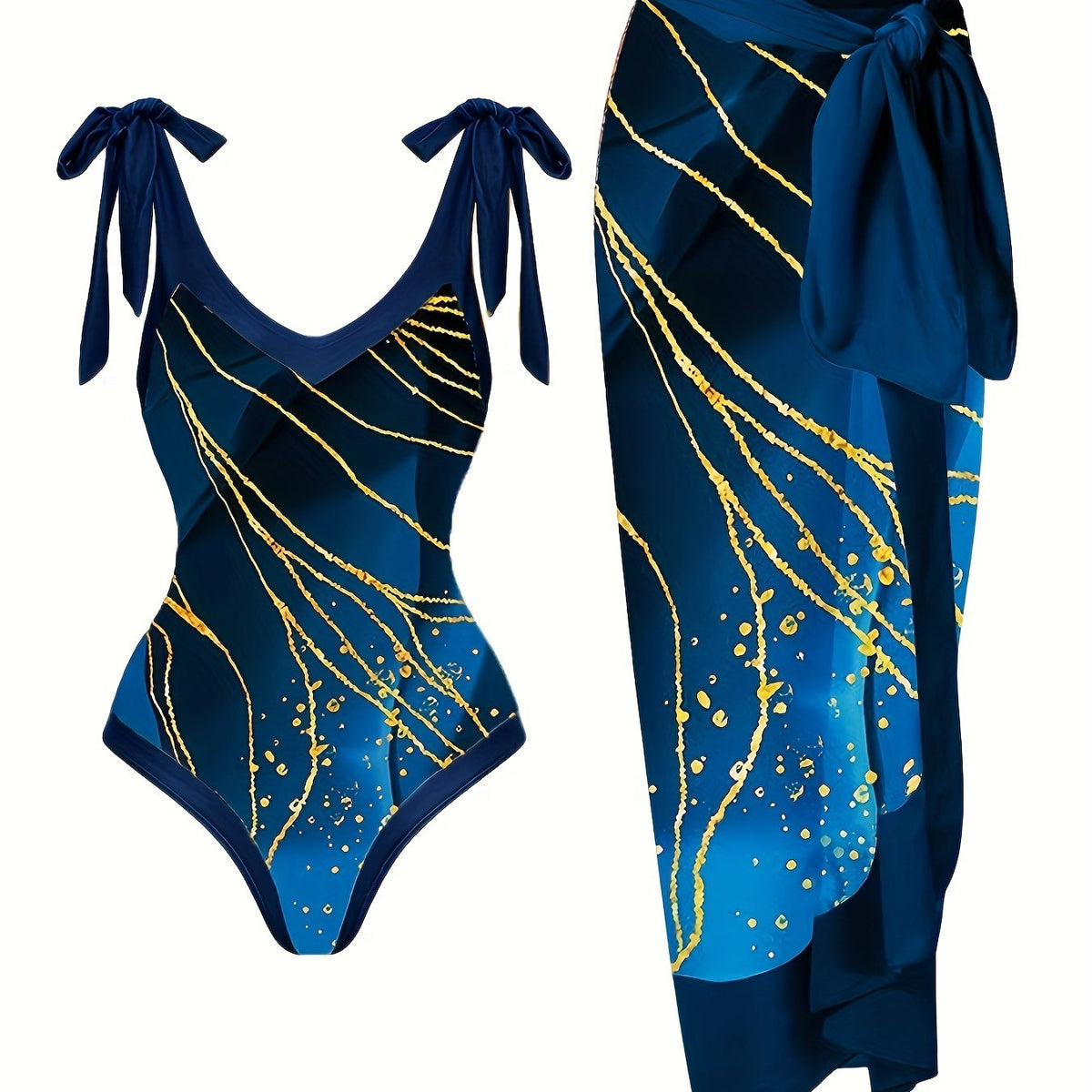  Glitter Marble Print Swimsuit Set & Cover Up Skirt
