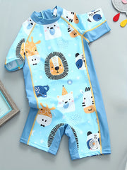 Boys' Cartoon Animal Print Swimsuit Zip Up Short Sleeves