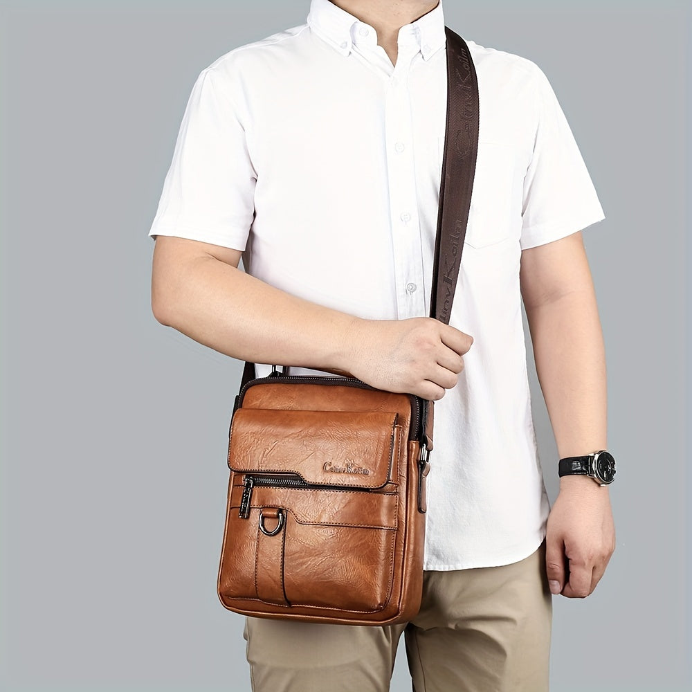 Men's Vertical Leather Shoulder Bag Cross Body Messenger Bag