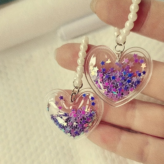 Heart Shape & Five star Quicksand Pendant With Beaded Chain