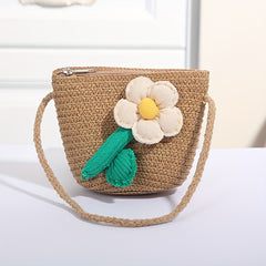 Kids Flower Decor Coin Purse Straw Woven Crossbody Bag