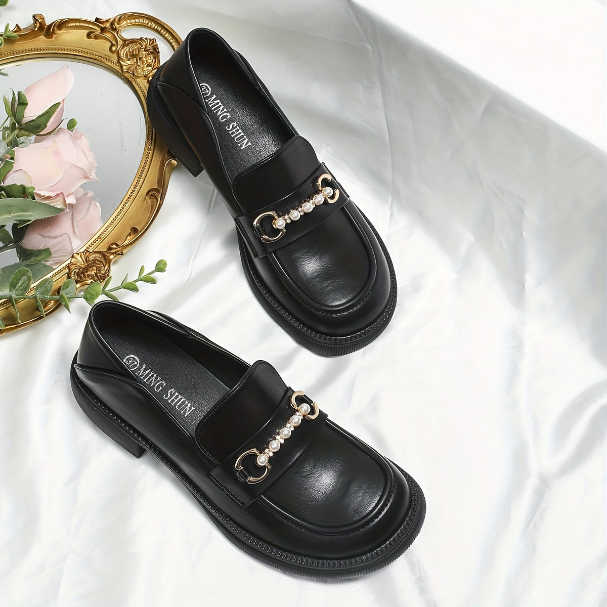 Women's Faux Pearl Loafers Slip On Chunky Shoes