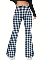 Women's Plus Plaid Elastic High Rise Flared Leg Trousers