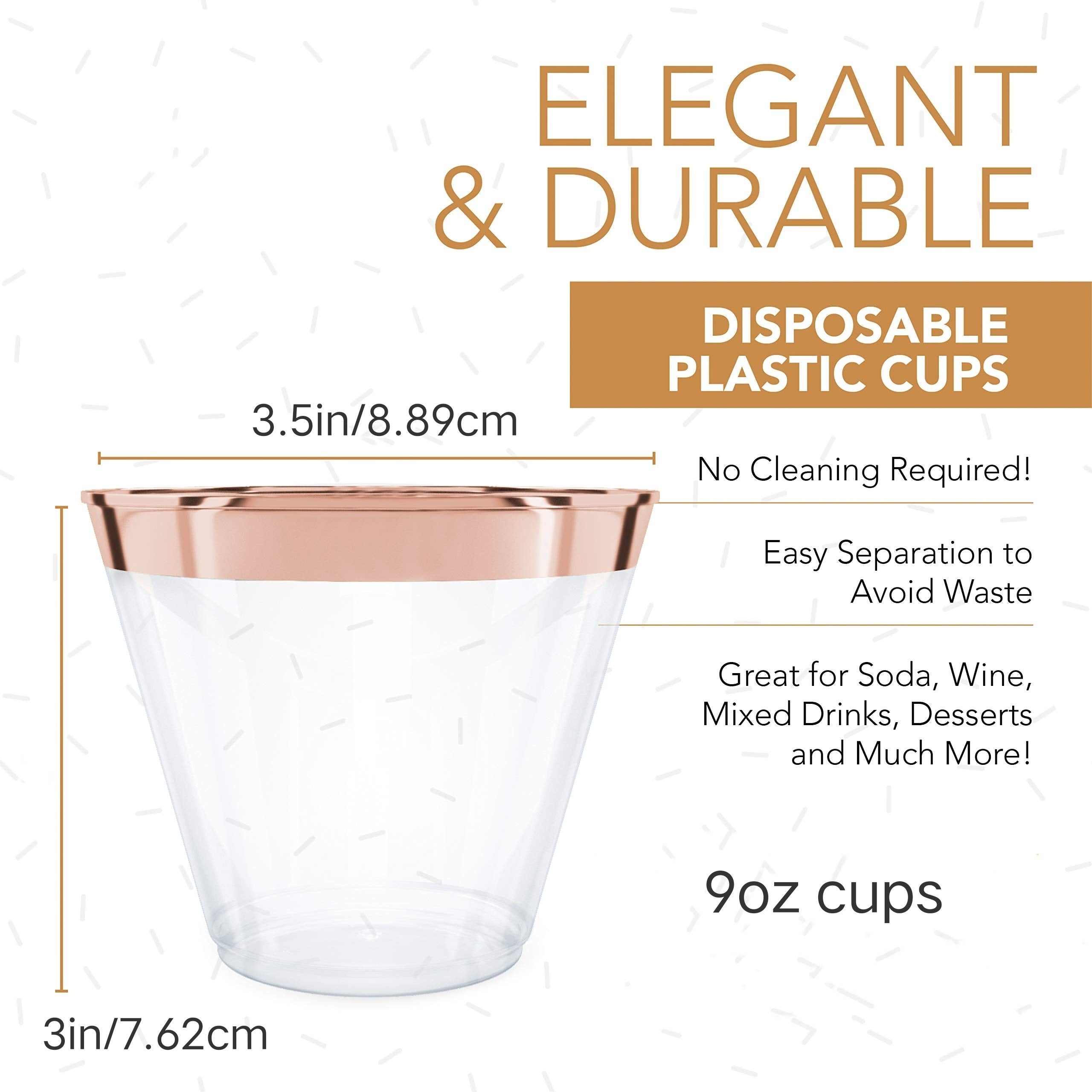 Rose Golden Disposable Plastic Cups for Parties Weddings - 9oz - Pack of 6