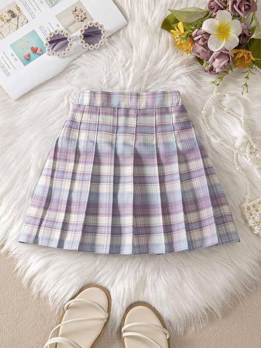 Girls Preppy Plaid Pleated Skirt Kids Casual A line Short Skirt Summer