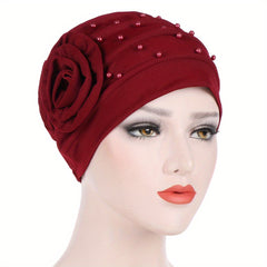 Beaded Turban Cap Solid Pleated Head Wraps Classic Elastic Hijab