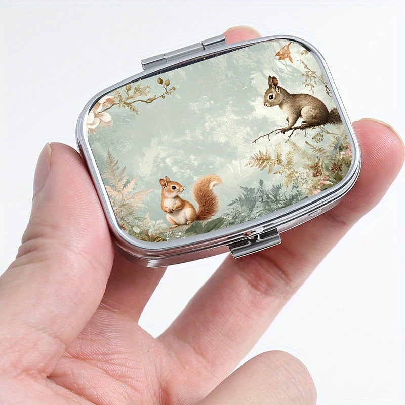 Squirrel Floral Print Pill Organizer Metal Case for Vitamins