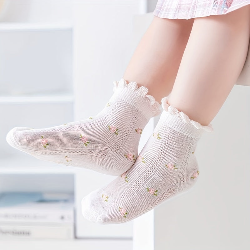 5 Pairs Girls Thin Floral Socks Spring Summer Accessories