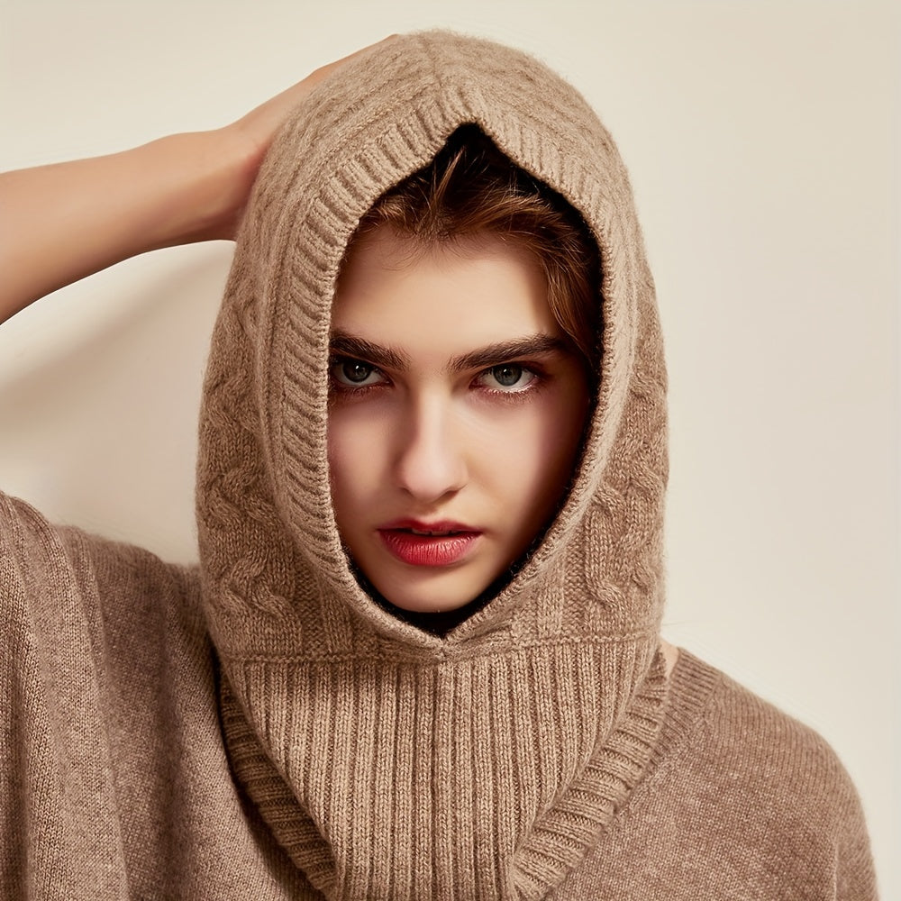 Cashmere Ribbed Knit Hat Warm Soft Balaclava Winter Hoodie Hats