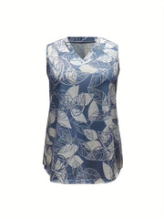  Leaf Print Cut Out V Neck Tank Top