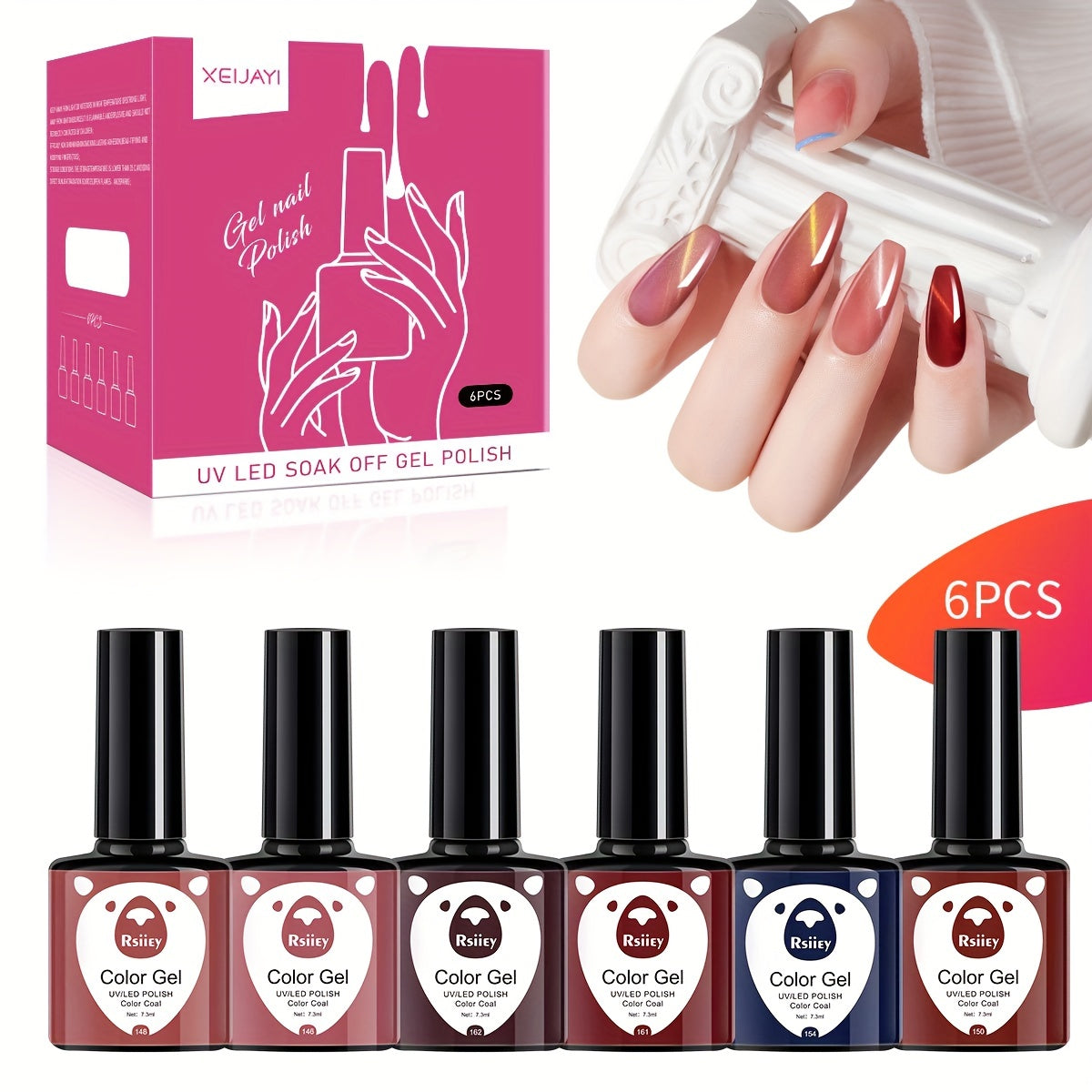 Cat Eye Gel Nail Polish Kit Red Brown 6 Colors Soak Off No Wipe Set