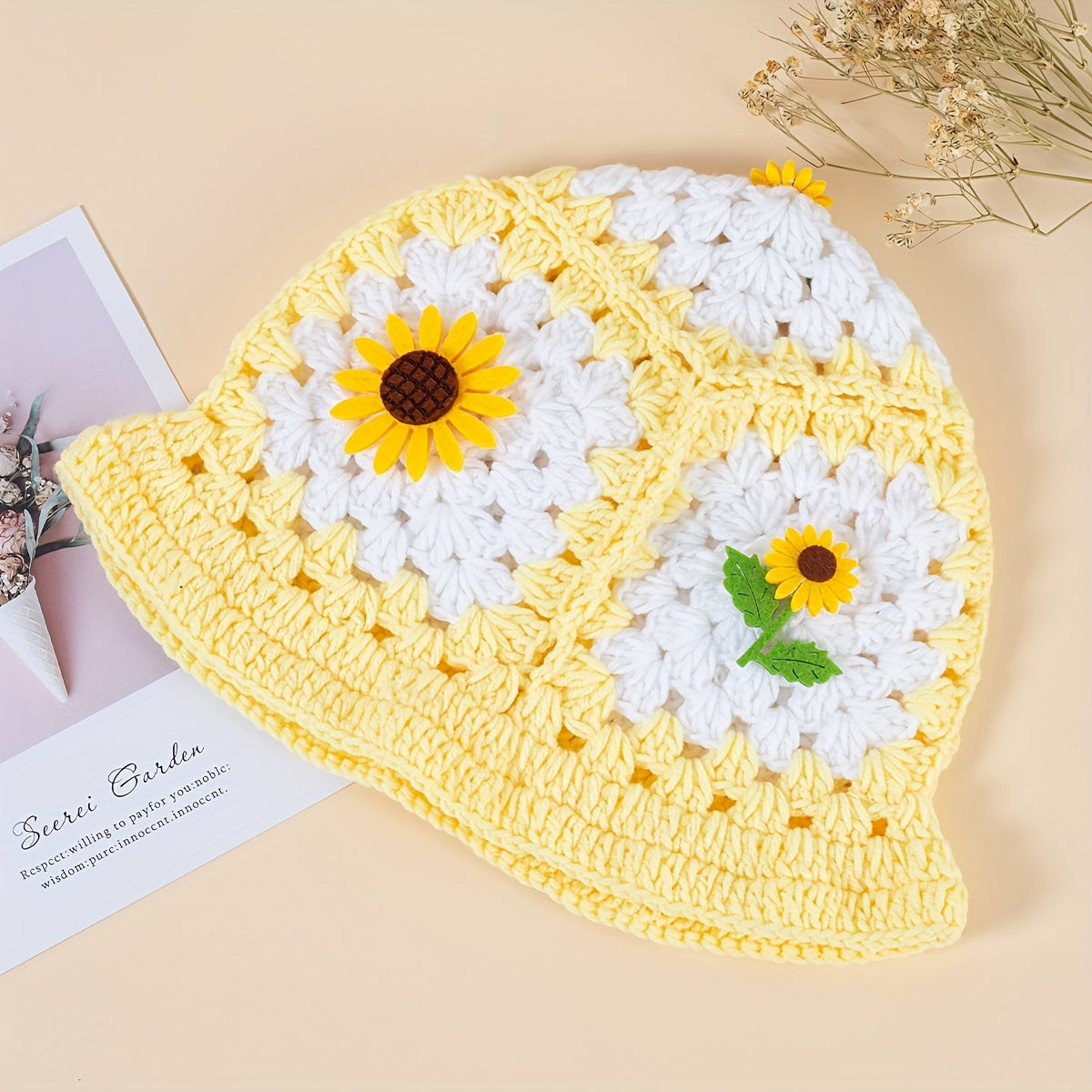 Sunflower Decor Block Beanie Crochet Bucket Hat Hollow Breathable Cloche