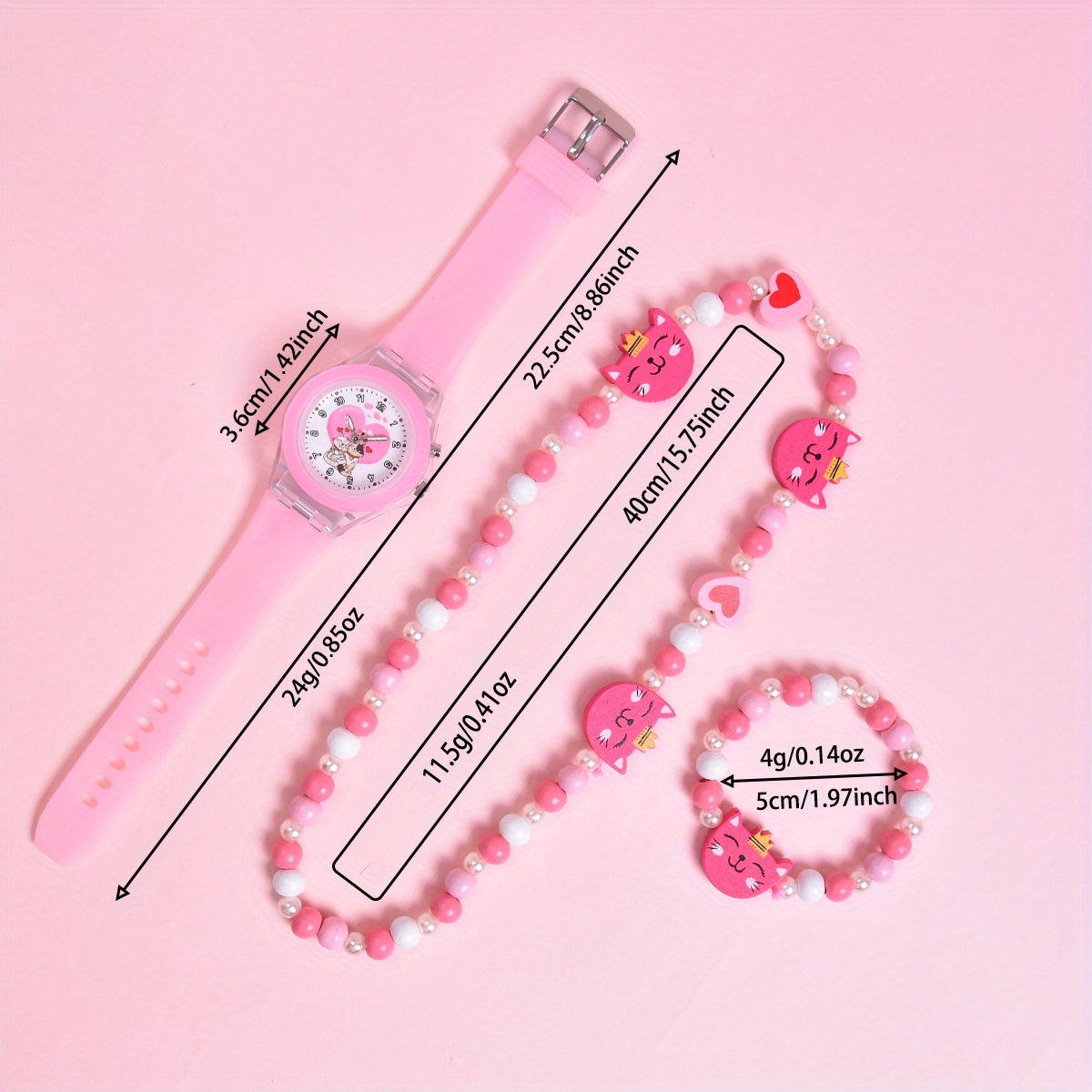 Double Cat Girls' Watch Soft Silicone Strap 3pcs Set
