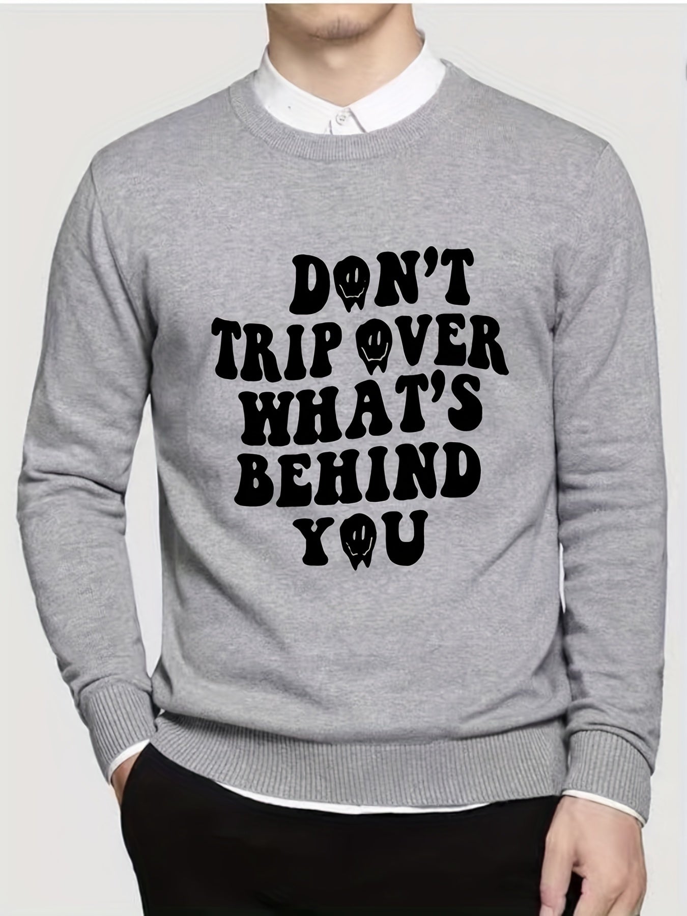 Funny Slogan Knitted Sweater Men's Casual Warm Crew Neck Pullover