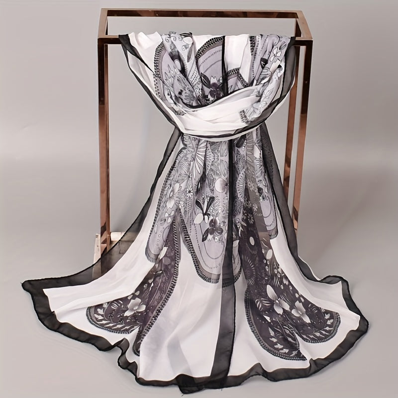 Geometric Flower Print Chiffon Scarf Thin Windproof Shawl