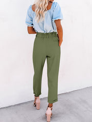 Ruffled Elastic Waist Casual Pants - Solid High Waist Athleisure