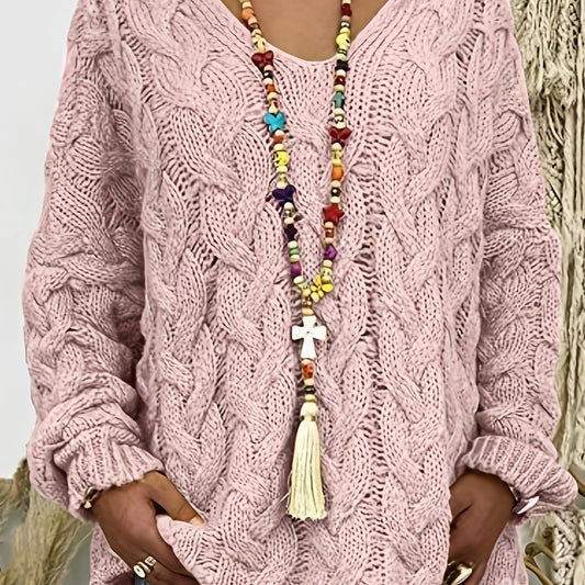 Oversize Knit Pullover Hooded Sweater V-Neck Casual Fall Winter Women