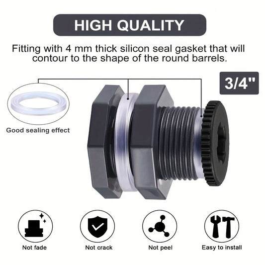 2 Sets PVC Bulkhead Fitting With Plugs for Rain Barrels Aquariums Water Tanks