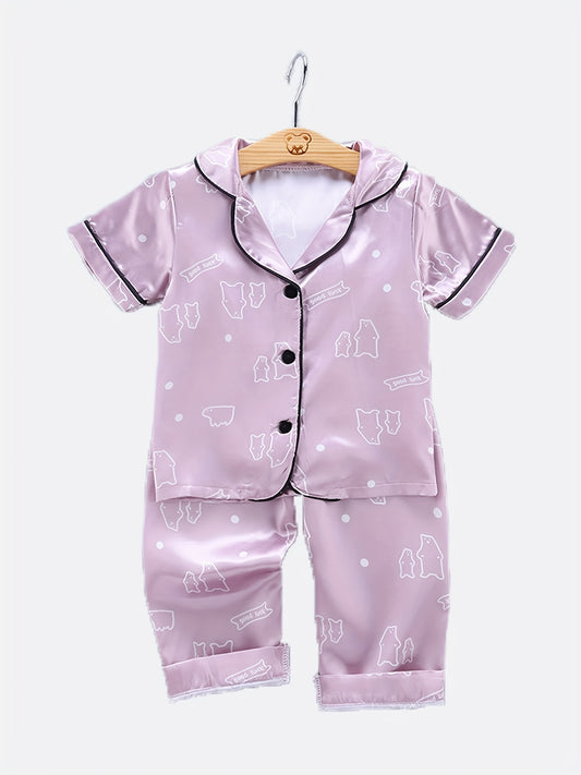 2pcs Bear Pattern Kid's Satin Pajamas Set Short Sleeve Button Front Top & Pants