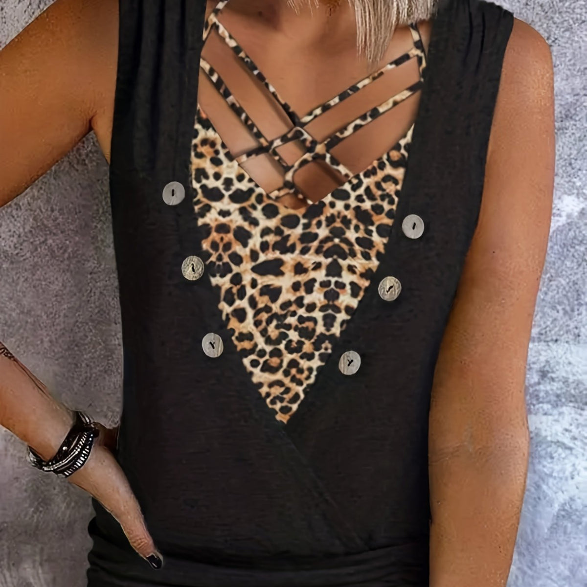  Colorblock Leopard V-Neck Tank Top